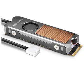Axagon CLR-M2FAN, medený chladič s ventilátorom pre jedno aj obojstranný M.2 SSD disk, výška 13 mm
