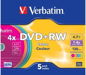 Verbatim DVD+RW Colour / 4.7GB / 4x / 5ks slim case