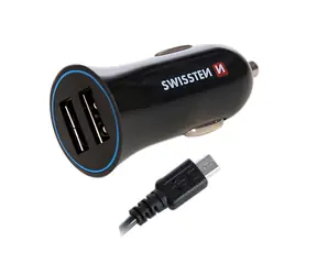 SWISSTEN CL adaptér 2x USB 2.4A + kábel microUSB / autonabíjačka / čierny