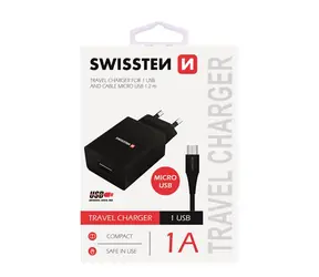 SWISSTEN SMART IC sieťový adaptér 1x USB 1A POWER + dátový kábel USB - microUSB 1.2m čierna