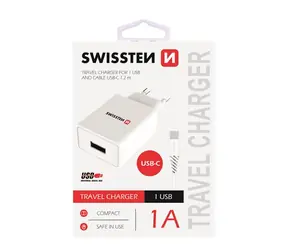 SWISSTEN SMART IC sieťový adaptér 1x USB 1A POWER + dátový kábel USB - USB-C 1.2m biela