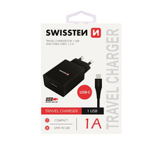 SWISSTEN SMART IC sieťový adaptér 1x USB 1A POWER + dátový kábel USB - USB-C 1.2m čierna