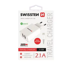 SWISSTEN SMART IC sieťový adaptér 2x USB 2.1A POWER + dátový kábel USB - Lightning 1.2m biela