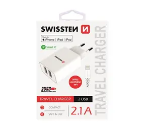 SWISSTEN SMART IC sieťový adaptér 2x USB 2.1A POWER + dátový kábel USB - Lightning MFi 1.2m biela