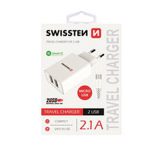 SWISSTEN SMART IC sieťový adaptér 2x USB 2.1A POWER + dátový kábel USB - microUSB 1.2m biela
