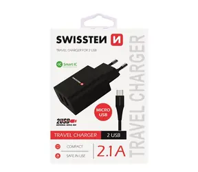 SWISSTEN SMART IC sieťový adaptér 2x USB 2.1A POWER + dátový kábel USB - microUSB 1.2m čierna