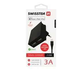 SWISSTEN SMART IC sieťový adaptér 2x USB 3A POWER + dátový kábel USB - Lightning MFi 1.2m čierna