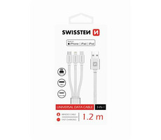 Swissten TEXTILE 3in1 dátový kábel MFi 1.2m strieborná