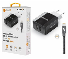 Aligator Múdra sieťová nabíjačka 3.4A kábel pre Apple iPhone & iPad 2A čierna / 2xUSB / SMART IC