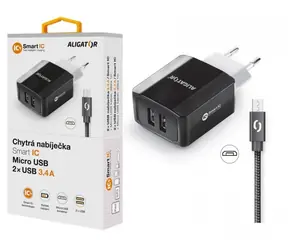 Aligator Múdra sieťová nabíjačka 3.4A micro USB kábel 2A čierna / 2xUSB / smart IC