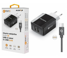 Aligator Múdra sieťová nabíjačka 3.4A USB-C kábel čierna / 2xUSB / smart IC