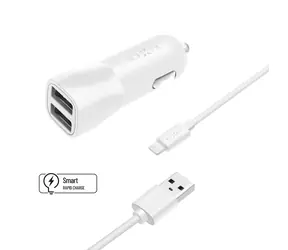 FIXED Set autonabíjačky s 2xUSB výstupom a USB &amp; Lightning kábla 1m biela / MFI certifikácia / 15W Smart Rapid Charge