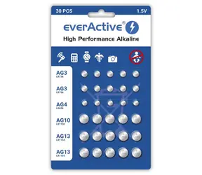 EverActive Alkalické gombíkové batérie sada 30 ks / 10xG3(LR41) / 5xG4(LR626) / 5xG10(LR1130) / 10xG13(LR1154)