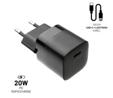 FIXED Mini Sieťová nabíjačka s USB-C a USB výstupom (FIXC20M-CL) čierna / podpora PD / 20W / + kábel USB-C na Lightning 1m