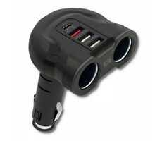 Qoltec 50641 USB Autonabíjačka 12V-24V čierna / 52W / 2.4V / 2x USB / USB QC 3.0 / USB-C / 2x Cigaretový zapaľovač