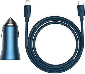 Baseus TZCCJD-03 Golden Contactor Pre nabíjačka do auta modrá / 1x USB-A / 1x USB-C / Kábel USB-C (M) - Lightning (M) 