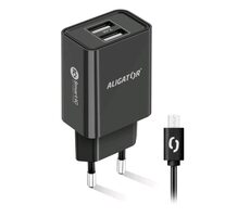 Aligator Múdra sieťová nabíjačka 2.4A microUSB čierna / 2xUSB / SMART IC / microUSB kábel / dopredaj