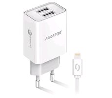 Aligator Múdra sieťová nabíjačka 2.4A Lightning (CHA0045) biela / 2xUSB / SMART IC / Lightning kábel