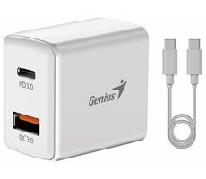 Genius PD-20ACP biela / Nabájací adaptér + kábel USB-C (M) - USB-C (M) 1m / 20W / USB-A / USB-C 