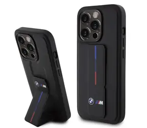 BMW "M" Collection PU Grip Stand Tricolor Line Zadný Kryt pre Apple iPhone 15 Pro čierna