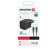 Swissten sieťový adaptér GaN USB-C + dátový kábel USB-C - USB-C 1.2m čierna / 35W / PD