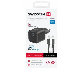 Swissten sieťový adaptér GaN USB-C + dátový kábel USB-C - USB-C 1.2m čierna / 35W / PD