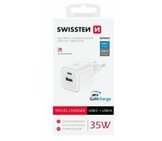 Swissten sieťový adaptér GaN USB-A/USB-C 35W biela / PD / QC