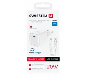 Swissten Sieťový adaptér GaN USB-C + dátový kábel USB-C - USB-C 20W 1.2m biela / 20W / PD