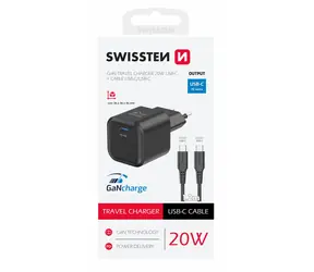 Swissten Sieťový adaptér GaN USB-C + dátový kábel USB-C - USB-C 1.2m čierna / 20W / PD