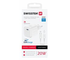 Swissten Sieťový adaptér GaN USB-C + dátový kábel USB-C - Lightning 20W 1.2m biela / 20W / PD