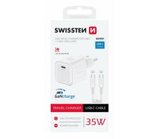 Swissten Sieťový adaptér GaN USB-C + dátový kábel USB-C - USB-C 35W 1.2m biela / 35W / PD