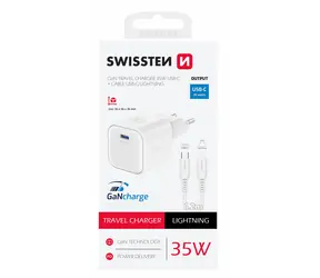 Swissten Sieťový adaptér GaN USB-C + dátový kábel USB-C - Lightning 35W 1.2m biela / 35W / PD