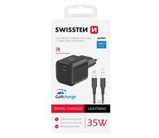 Swissten Sieťový adaptér GaN USB-C + dátový kábel USB-C - Lightning 1.2m čierna / 35W / PD