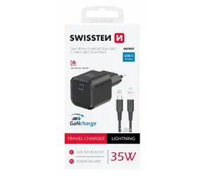 Swissten Sieťový adaptér GaN USB-C + dátový kábel USB-C - Lightning 1.2m čierna / 35W / PD