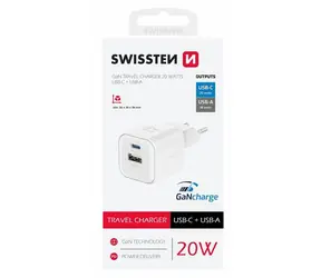 Swissten Sieťový adaptér GaN USB-C/USB-A biela / 20W / QC / PD