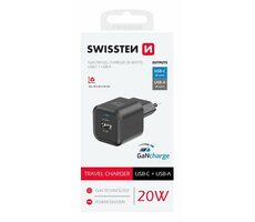 Swissten Sieťový adaptér GaN USB-C/USB-A čierna / 20W / QC / PD
