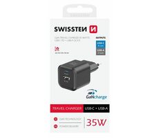 Swissten Sieťový adaptér GaN USB-C/USB-A čierna / 35W / QC / PD