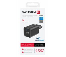 Swissten Sieťový adaptér GaN USB-C/USB-A čierna / 45W / QC / PD