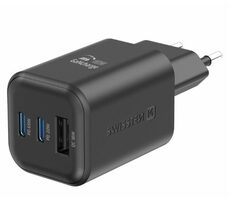 Swissten Sieťový adaptér GaN 2x USB-C/USB-A čierna / 65W / QC / PD