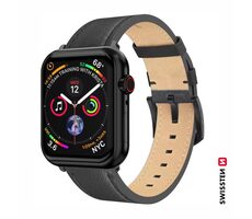 Swissten Kožený remienok pre Apple Watch 42/44/45/49mm čierna / čierna spona a čierne pútko