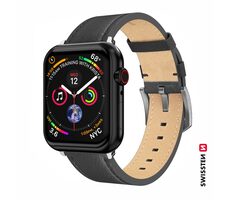 Swissten Kožený remienok pre Apple Watch 42/44/45/49mm čierno-strieborná / strieborná spona a strieborné pútko