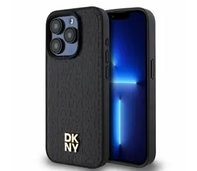 DKNY PU Leather Repeat Pattern Stack Logo Magsafe Zadný Kryt pre Apple iPhone 15 Pro Max čierna