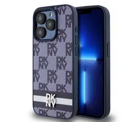 DKNY PU Leather Checkered Pattern and Stripe Zadný Kryt pre Apple iPhone 15 Pro modrá