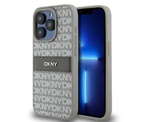 DKNY PU Leather Repeat Pattern Tonal Stripe Zadný Kryt pre Apple iPhone 15 Pro béžová