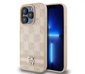 DKNY PU Leather Checkered Pattern and Stripe Zadný Kryt pre Apple iPhone 15 Pro ružová