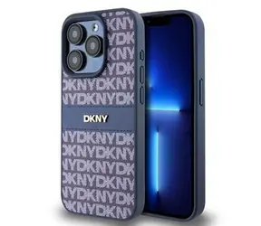 DKNY PU Leather Repeat Pattern Tonal Stripe Zadný Kryt pre Apple iPhone 15 Pro modrá