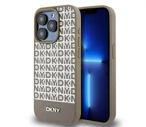 DKNY PU Leather Repeat Pattern Bottom Stripe MagSafe Zadný Kryt pre Apple iPhone 15 Pro hnedá