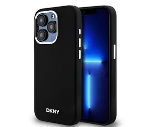 DKNY Liquid Silicone Silver Metal Logo Magsafe Zadný Kryt pre Apple iPhone 15 Pro čierna