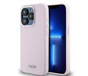 DKNY Liquid Silicone Silver Metal Logo Magsafe Zadný Kryt pre Apple iPhone 15 Pro Pre ružová