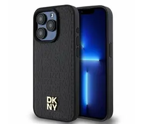 DKNY PU Leather Repeat Pattern Stack Logo Magsafe Zadný Kryt pre Apple iPhone 14 Pro Max čierna